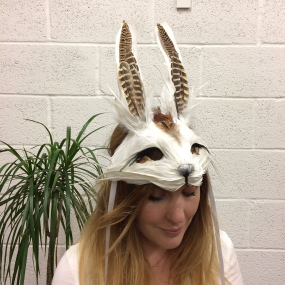 Luxury White & Brown Rabbit Mask - Bespoke Masks, Headdresses & Accessories